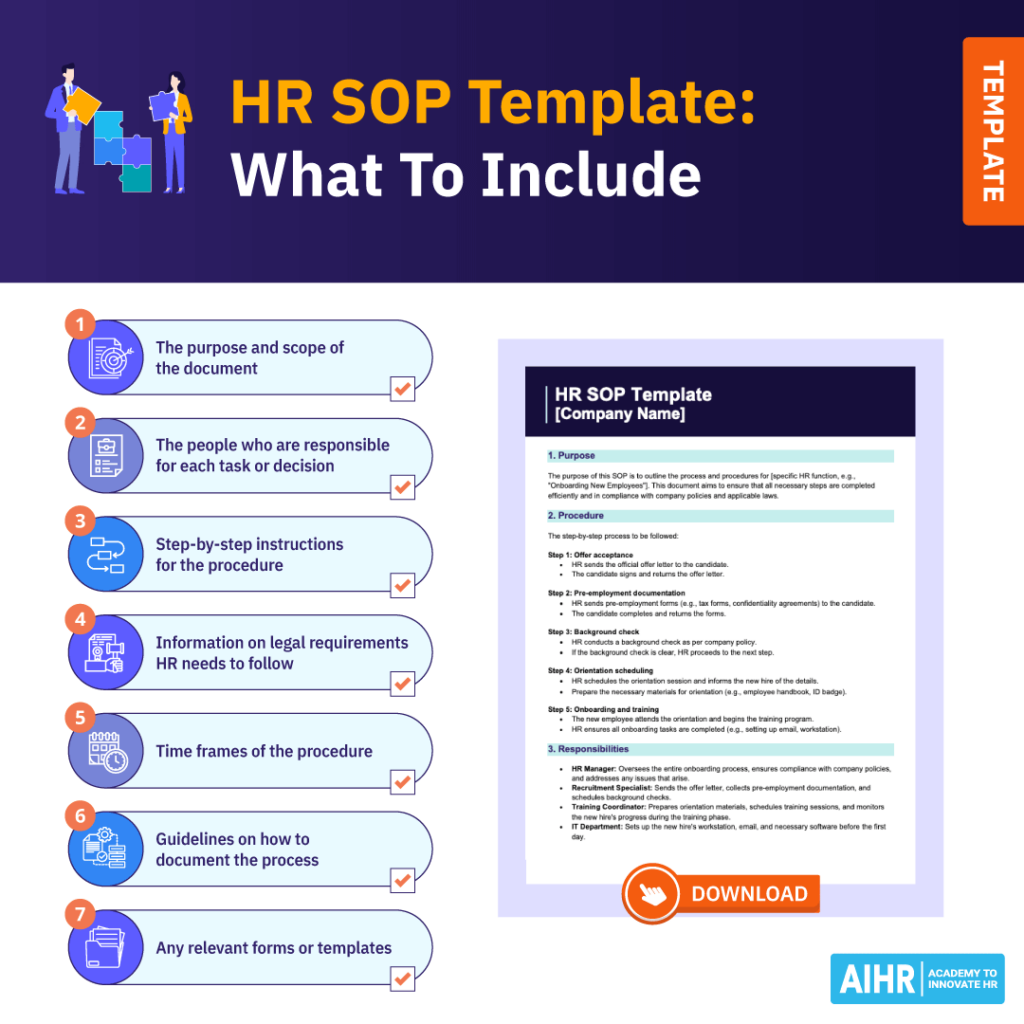 A robust HR SOP template should include  step-by-step instructions of the procedure, time frames, and responsibilities.