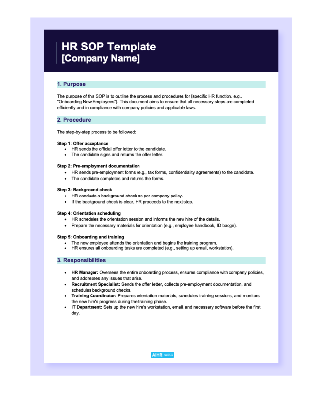 HR SOP template preview in a Word document.